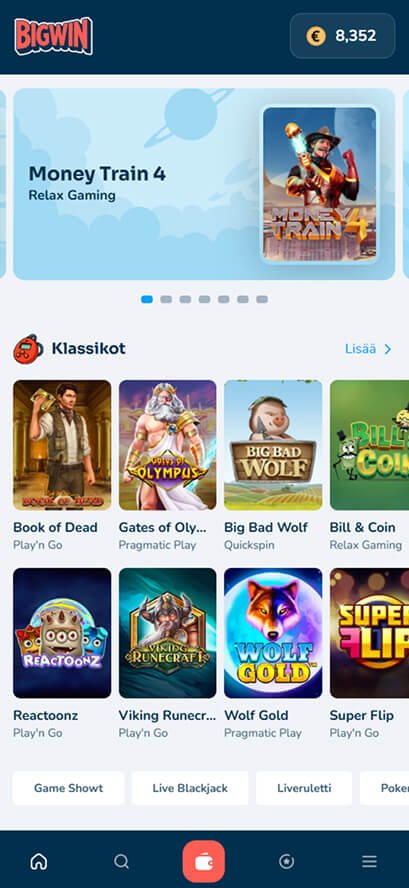 Bigwin kasino kolikkopelit mobiilinäkymä