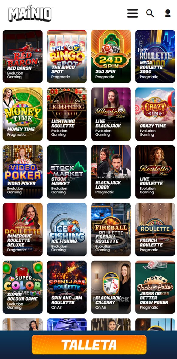 Mainio livekasino mobiilinäkymä