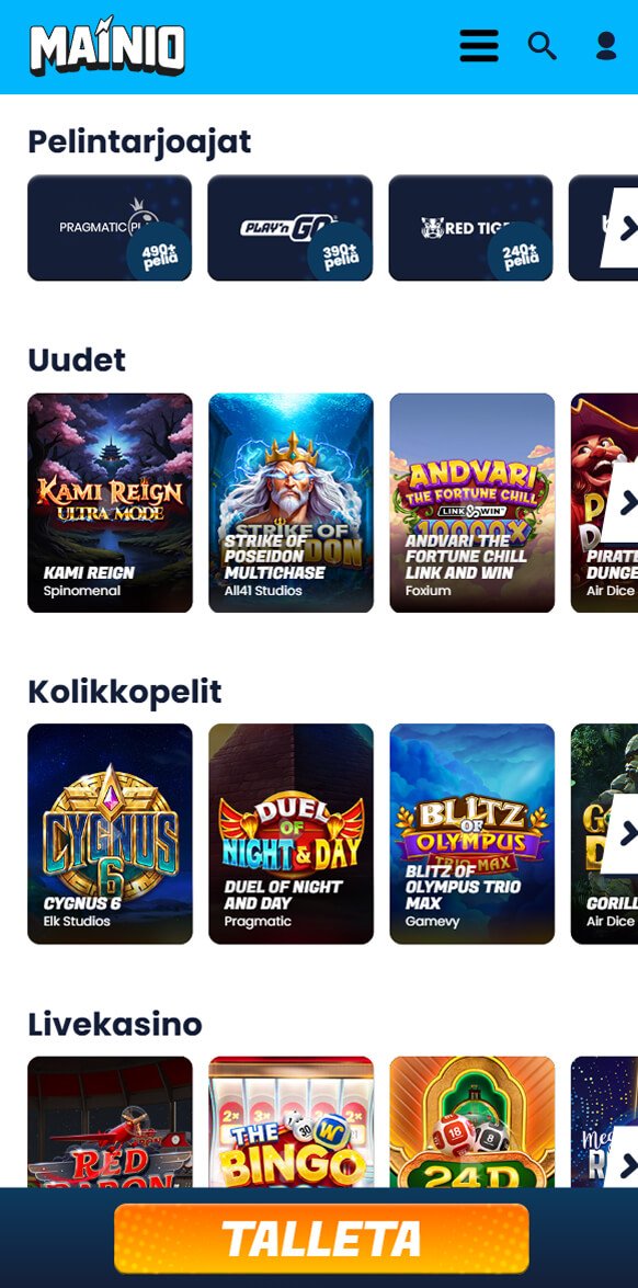 Mainio pelisivu mobiilinäkymä