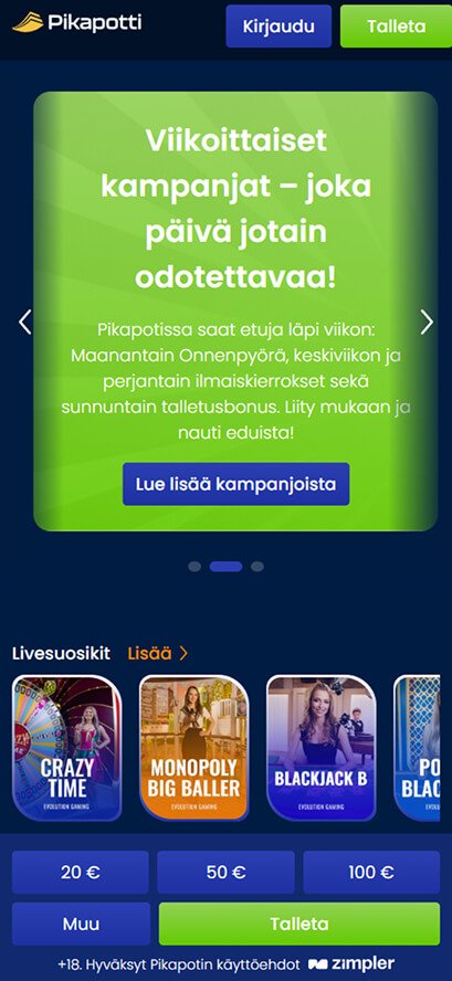 Pikapotti kasino kampanjat mobiilinäkymä