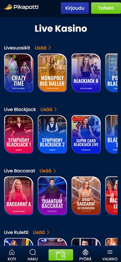 Pikapotti kasino livekasino mobiilinäkymä