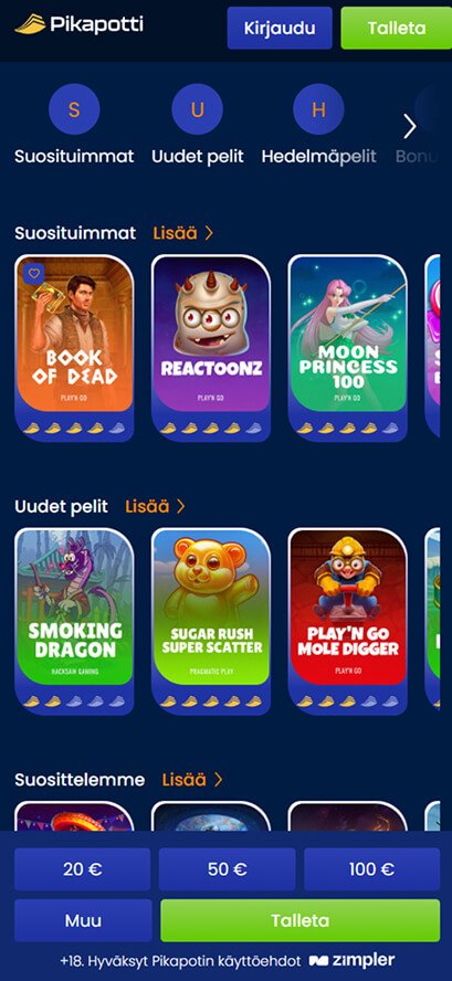 Pikapotti kasino pelisivu mobiilinäkymä