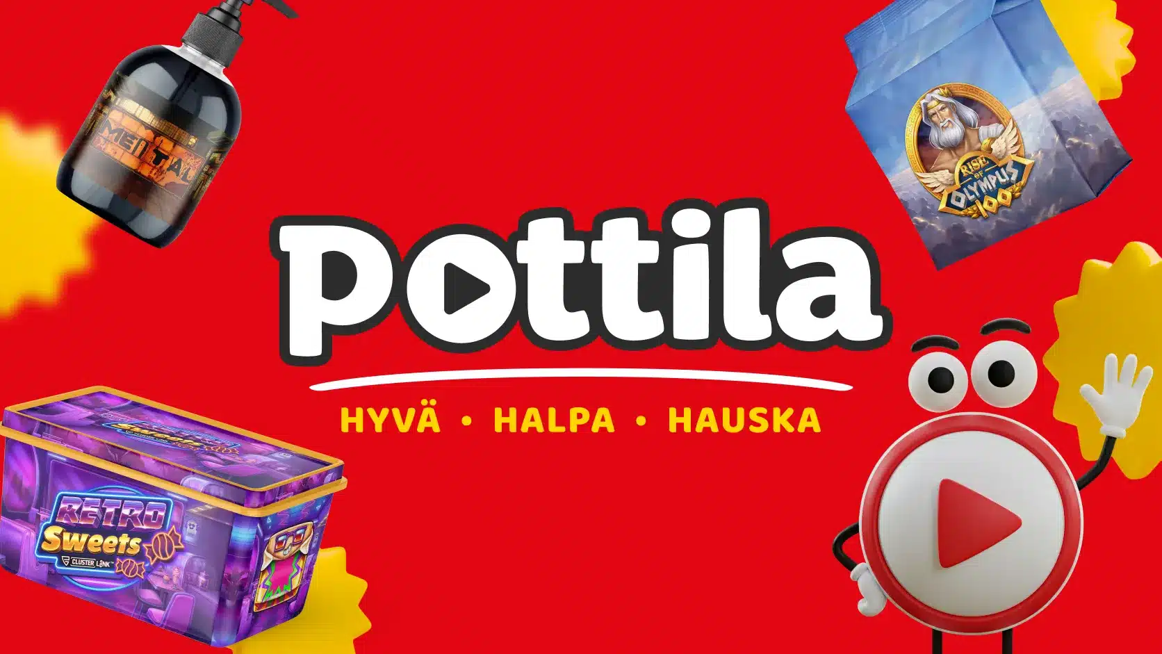Potmanni vaihtui Pottilaksi -artikkelin kansikuva, jossa näkyy Pottila-logo, peliaiheisia tuotteita ja brändin uusi ilme.